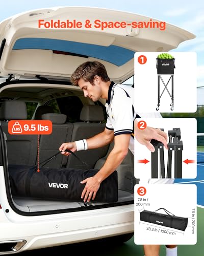 VEVOR Tennis & Pickleball Hopper Holds 200/175/150/120 Balls, 3-in-1 Tennis Foldable Pickleball Basket Cart for Easy Installation, Storage Bag for Tennis Training & Teaching - style: 150 Balls