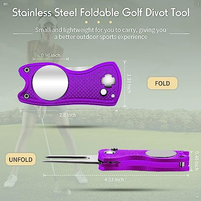 Skylety 4 Pcs Golf Divot Repair Tool Metal Foldable Golf Divot Tool with Magnetic Pop-up Button Ball Marker Stainless Steel Switchblade for Golfers Prizes - color: Purple