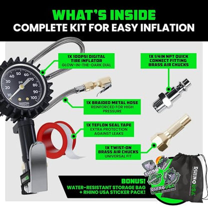 Rhino USA Tire Pressure Gauge with Inflator (0-100 PSI) - Heavy Duty Air Chuck and Compressor Accessories with Stainless Braided Hose, Large Analog Dial and Solid Brass Hardware for Truck and RV
