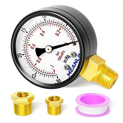 -30inHG~0Psi Dry Vacuum Pressure Gauge, 2" DIAL FACE 1/4" NPT WOG Water Oil Air Pressure Test, Lower Mount, with 1/2" NPT and 3/8" NPT Hex Bushing - size: -30inHG-0Psi, style: 1/4"NPT Lower Mount