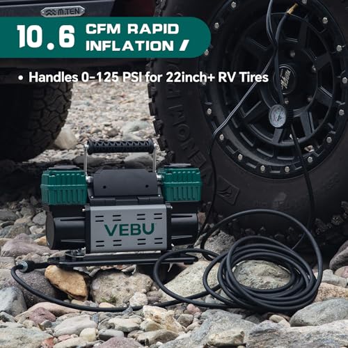 Heavy Duty Air Compressor 12V Tire Inflator, Dual Cylinder 125PSI with In-line Pressure Gauge, 10.6CFM Fast Inflation for Off-road Vehicles, Trucks, SUVs, RVs, ATVs, DC Power, Corded Electric - style: Dual Cylinders + Inline Gauge