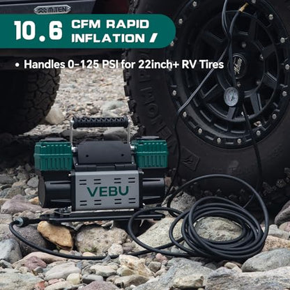 Heavy Duty Air Compressor 12V Tire Inflator, Dual Cylinder 125PSI with In-line Pressure Gauge, 10.6CFM Fast Inflation for Off-road Vehicles, Trucks, SUVs, RVs, ATVs, DC Power, Corded Electric - style: Dual Cylinders + Inline Gauge