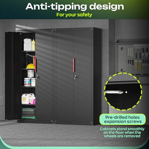 Kelueo 71" H Garage Storage Cabinet with Wheels,Metal Cabinets with 4 Adjustable Shelves and 2 Locking Doors for Garage,Home,Office,Shop,Black