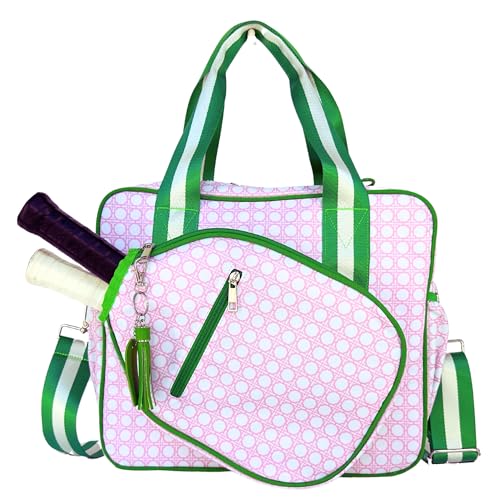 Cute Prepster Pickleball Bag for Women with Fence Hook, Tote with Pockets for Water Bottle, Paddles, Balls, Accessories - color: Pink Bamboo Print