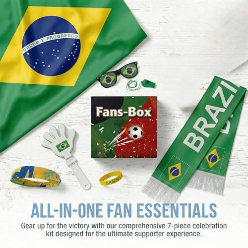 Soccer Fan Gear Set 2026-7 Piece Game Day Kit with Flag, Scarf, Glasses, Whistle, Clapper, Wristband & Headband in Gift Box - Watch Party & Stadium Essentials for Brazil - color: Brazil