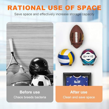 Wall Mount Basketball Holder with Wooden Base, Adjustable Metal Sport Rack for Football Basketball Soccer Rugby Display Rack