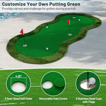 Tangkula 10 FT Golf Putting Green, Large Professional Golf Training Mat with Realistic Artificial Grass Turf, 3 Holes, 3 Flags and Cups for Indoor Outdoor Putting Practice - size: 10 FT x 5 FT, style: Waved