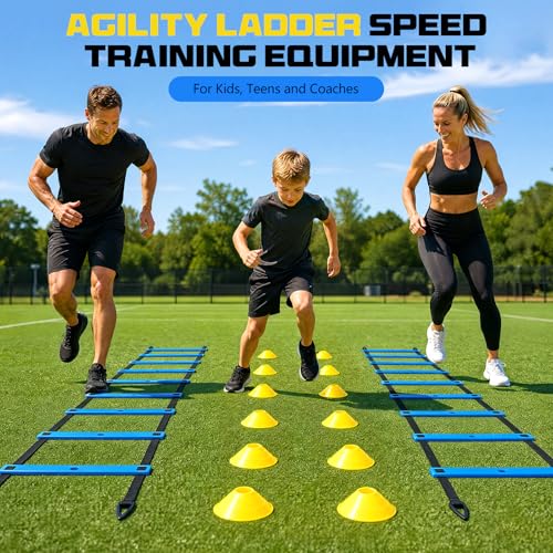 2 Pack 20ft Agility Ladder Set, 40ft Total Adjustable Speed Ladder with 12 Cones, 8 Stakes, 1 Carry Bag - Parallel Footwork Drills Gear for Football Soccer Basketball Training Equipment - color: Blue