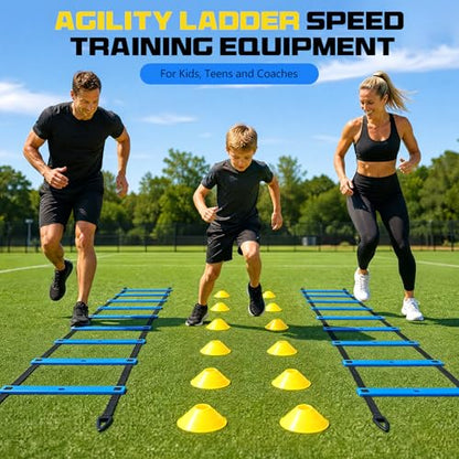 2 Pack 20ft Agility Ladder Set, 40ft Total Adjustable Speed Ladder with 12 Cones, 8 Stakes, 1 Carry Bag - Parallel Footwork Drills Gear for Football Soccer Basketball Training Equipment - color: Blue