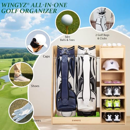 WINGYZ Premium Birch Plywood Golf Bag Storage for 2 Bags | 36lb Rock-Solid Golf Bag Organizer | 7-Shelf Command Center | Artificial Turf 12-Ball Display | No Wall Mounting Required (Natural) - color: Natural