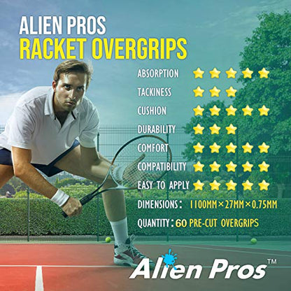 ALIEN PROS Tennis Racket Grip Tape - Precut and Dry Feel Tennis Grip - Tennis Overgrip Grip Tape Tennis Racket - Wrap Your Racquet for High Performance - color: 60-Pack Mix