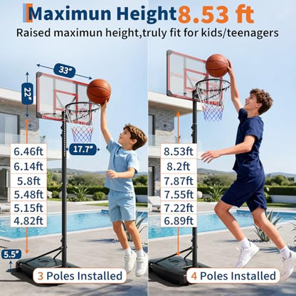 Portable Basketball Hoop Outdoor & Indoor 4.82-8.53ft Height Adjustable, Basketball Hoops & Goals System for Teenagers, Youth, for Backyard, Driveway Play with Stable Enlarged Base - size: 33 INCH