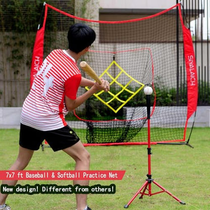 Portable Baseball and Softball Net, 7x7ft Hitting and Pitching Practice Net with Strike Zone, Includes Batting Tee, for Kids and Adults of All Skill Levels