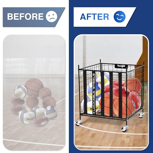 YES4ALL Rolling Ball Cart Storage with Lockable Wheels Volleyball Basketball Holder, Toy Balls Bin, Garage Cage, Storage Racks, Sports Equipment Organizer, Ball Rack for Outdoor Indoor Use