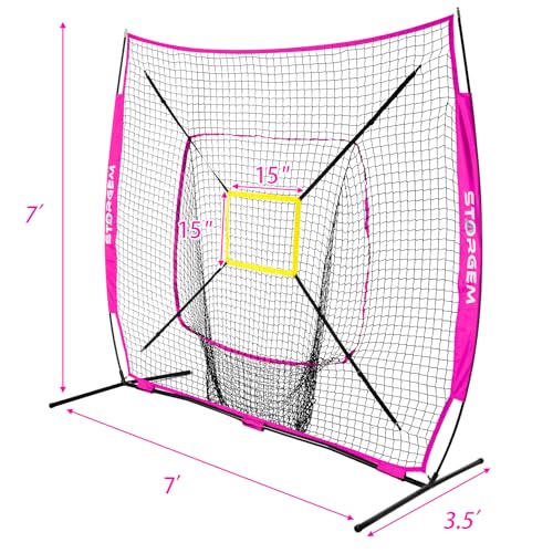 Storgem Baseball and Softball Practice Net 7×7ft Portable Hitting Pitching Batting Training Net Baseball Backstop Net and Strike Zone and Bow Frame - color: Purple