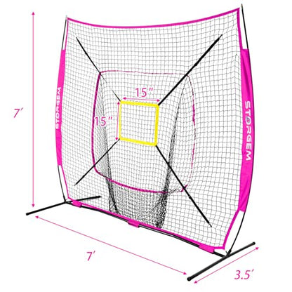 Storgem Baseball and Softball Practice Net 7×7ft Portable Hitting Pitching Batting Training Net Baseball Backstop Net and Strike Zone and Bow Frame - color: Purple