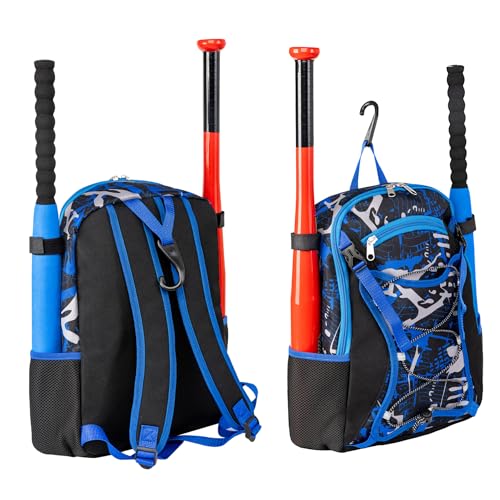 Youth Baseball Bat Bag Backpack, T-Ball & Softball Equipment Gear for Youth with Fence Hook, Lightweight Baseball Bat Backpack, Large Main Compartment for Helmet - color: Blue
