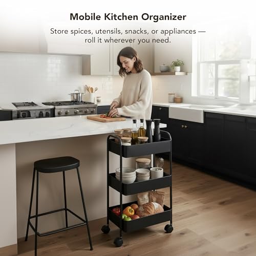 Displays By Jack 3-Tier Rolling Storage Cart, Metal Utility Organizer on Wheels – Deep Mesh Baskets for Kitchen, Pantry, Laundry, Bathroom, Home