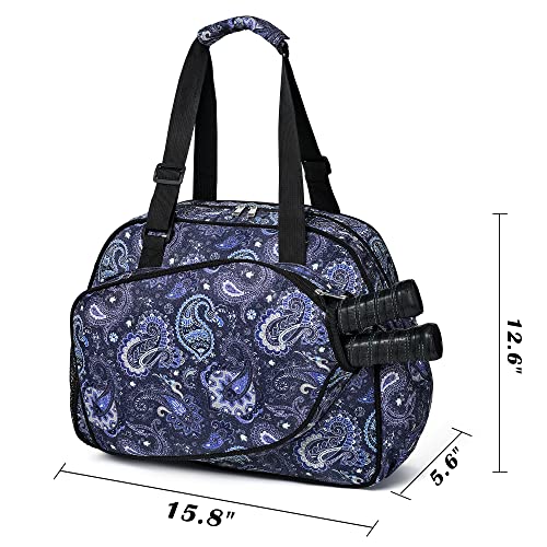 Boulder Bee Pickleball Bags, Premium Pickleball Tote Bag for Girls, Women’s Hand/Shoulder Gym Bag w Water Bottle Holder, with Pickleball Racquet/Paddle Holder - color: Blue cashew flower