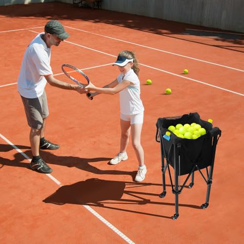 Tennis Ball Hopper with Wheels, 150 Tennis Balls Capacity Tennis Ball Basket with Side Pockets and Carrying Bag, Lightweight Sports Teaching Cart, Suitable for Softball, Pickleball & Baseball (Pop-up)