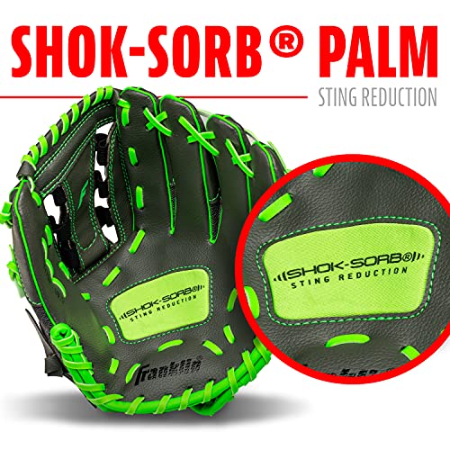 Franklin Sports Youth Teeball Gloves - Shok Sorb Kids Baseball + Teeball Mitt - Boys + Girls Fielder Gloves - 10.5" Inch - color: Graphite/Lime