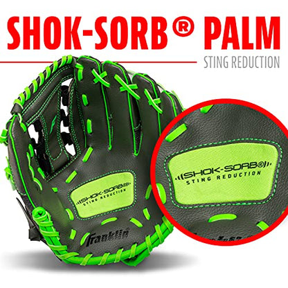 Franklin Sports Youth Teeball Gloves - Shok Sorb Kids Baseball + Teeball Mitt - Boys + Girls Fielder Gloves - 10.5" Inch - color: Graphite/Lime