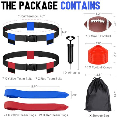 BORNEW Flag Football Set - 14/20 Player Adjustable Belts with Cones, Football, Pump, Bag, for Youth and Adults Training - color: 2.red Blue, style: 14 Player Kit
