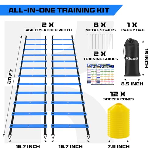 2 Pack 20ft Agility Ladder Set, 40ft Total Adjustable Speed Ladder with 12 Cones, 8 Stakes, 1 Carry Bag - Parallel Footwork Drills Gear for Football Soccer Basketball Training Equipment - color: Blue