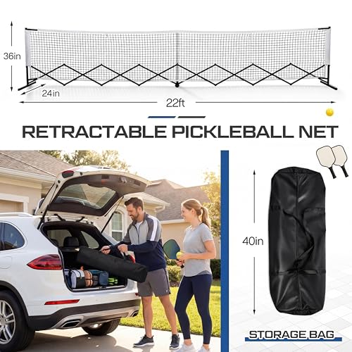 Retractable Dinkball Net with Wheel 22ft Regularion Size Tournament-Grade Portable Dinkball Net Indoor Outdoor with Heavy Duty Metal Frame Carry Bag for Driveway Backyards Garage, Free Assembly