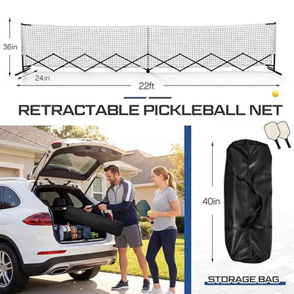 Retractable Dinkball Net with Wheel 22ft Regularion Size Tournament-Grade Portable Dinkball Net Indoor Outdoor with Heavy Duty Metal Frame Carry Bag for Driveway Backyards Garage, Free Assembly