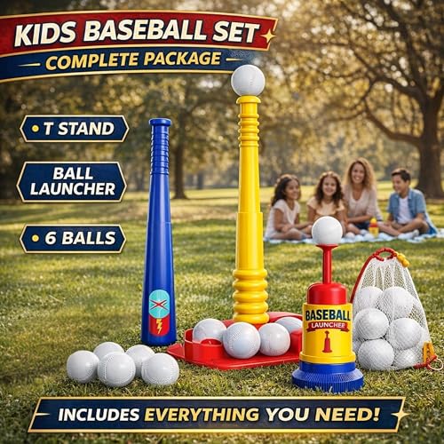 T Ball Stand for Kids and Toddlers 1-3, 3-5, 5-8. Baseball Set Includes 6 Large Balls, an Adjustable Tball Batting Tee, and a Pitching Machine. Kids Bat and Ball, T-Ball Sets for Kids