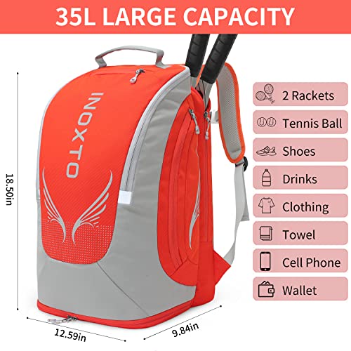 INOXTO 40L Tennis Backpack for Men & Women, Large Pickleball Bag With Independent Shoe Storage, Waterproof & Breathable, Holds 2 Tennis Rackets for Badminton, Travel & Camping