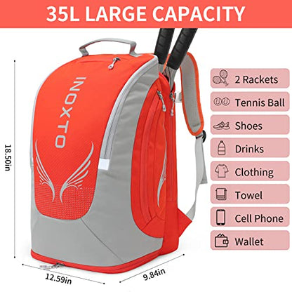 INOXTO 40L Tennis Backpack for Men & Women, Large Pickleball Bag With Independent Shoe Storage, Waterproof & Breathable, Holds 2 Tennis Rackets for Badminton, Travel & Camping