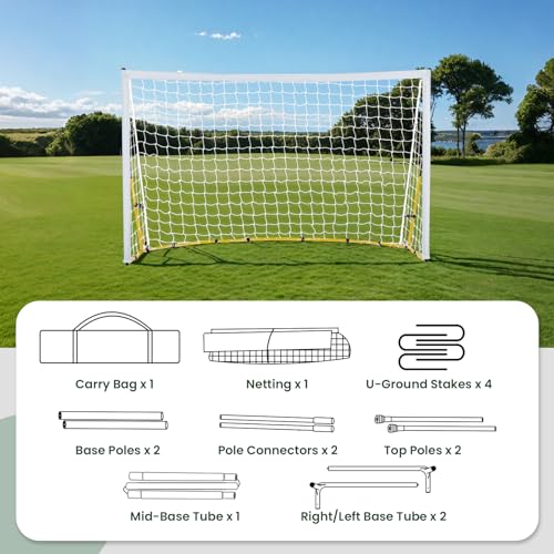 8FT x 5FT Soccer Goal for Backyard, Portable Pop Up Football Goal with Carry Bag, U-Shaped Stakes & Bungees, for Youth and Adults - Perfect for Garden, Beach, and Training