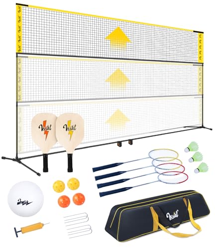 3-in-1 Portable Badminton, Volleyball & Pickleball Net Set for Adults, Adjustable Height 34"–7 ft for Backyards or Beach, Outdoor Sports Combo with Carry Bag, Rackets, Paddles & Balls - style: 17 ft wide Net