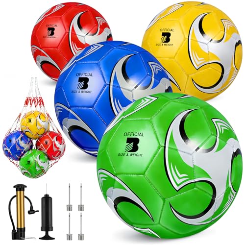 4 Pack Soccer Balls Size 5/4/3 Bulk with Pump, Carry Net, Needles - Pelota De Futbol Official Size Training Practice & Match Ball - Ideal Soccer & Birthday Gift - color: Color-Whirlwind, size: Size 3