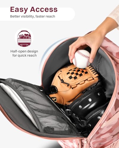 AUROTIER Rolling Baseball Bag with Wheels, Large All-Terrain Wheeled Softball Bag Holds 4 Bats, Water-Resistant Baseball Roller Backpack with Shoe Compartment and Fence Hooks for Players and Coaches - color: Pink Camo