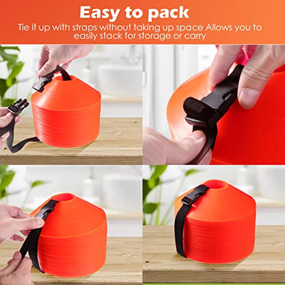 100 Pieces Soccer Cones with Strap Agility Disc Cones Soccer Training Cones Soccer Cones for Drills Orange Mark Disks for Challenge Football Basketball Skating Kids Games Outdoor Indoor 2 Straps