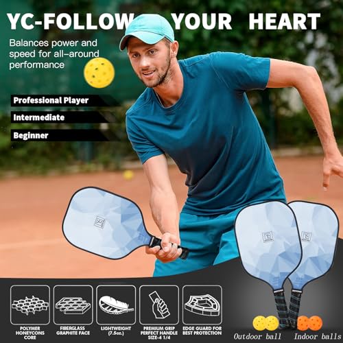 YC DGYCASI Pickleball Paddles Set of 2, 2026 USAPA Approved Pickleball Set, Fiberglass Lightweight Pickle Ball Rackets 2 Pack, 2 Outdoor Pickleball, 2 Indoor Pickleball Balls, 1 Pickleball Bag - color: Blue