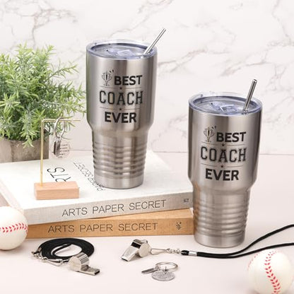 Didaey 2 Set Coach Gifts for Men Women Best Coach Ever Tumbler Cup Graduation Appreciation Gift Stainless Steel Tumbler Thank You Keychain Whistle for Baseball Softball Soccer Volleyball(Silver,30 oz)