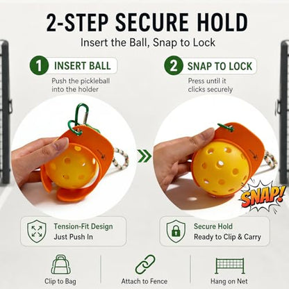 2 Pack Pickleball Ball Holder Clips, with Lanyards and Carabiners, Cap-Style Pickleball Bag Accessories for Fence, Net Post, Backpack and Paddle Bag, Orange and White