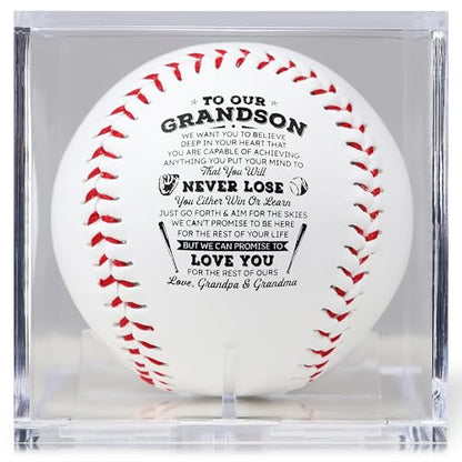 SYNGUCK Baseball Gift for Grandson-Clear Acrylic Display Case-Heartfelt Grandparents to Grandson Baseball with Inspirational Message - Perfect Birthday, Graduation Gift - style: Love,grandpa&grandma