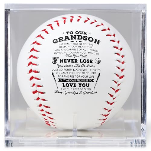 SYNGUCK Baseball Gift for Grandson-Clear Acrylic Display Case-Heartfelt Grandparents to Grandson Baseball with Inspirational Message - Perfect Birthday, Graduation Gift - style: Love,grandpa&grandma