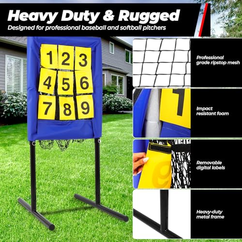 FAHKNSHeavy-Duty Pitching Net, 9 Hole Pitching Net with Strike Zone Removable Digital Targets,3 Height Adjustable Throwing Trainer for Baseball & Softball with Ball - color: blue