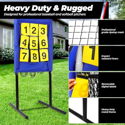 FAHKNSHeavy-Duty Pitching Net, 9 Hole Pitching Net with Strike Zone Removable Digital Targets,3 Height Adjustable Throwing Trainer for Baseball & Softball with Ball - color: blue