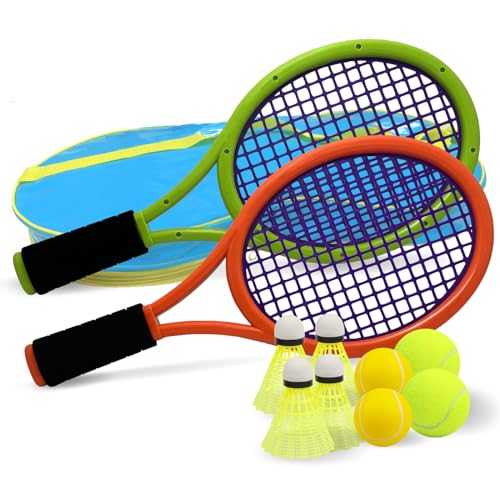 Kids Tennis Racket,17 Inch Plastic Tennis Racket with 2 Soft Balls,2 Tennis Balls and 4 Shuttlecocks for Kid,Toddler Outdoor/Indoor Sport Play - color: Grey Orange&Green