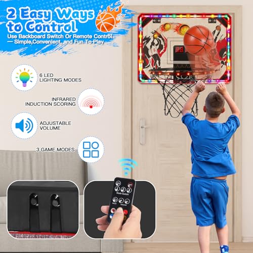 Indoor Basketball Hoop for Kids & Adults, Over The Door Mini Basketball Hoop with Remote Control Scoreboard, 6 LED Light Modes, Foldable Rim Sports Toys for Ages 8-13 Teen Boys Birthday Gifts