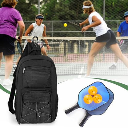 GOBUROS Pickleball Sling Bag for 2 Paddles, Pickleball Crossbody Backpack with Multiple Pockets and Hanging Fence Hook for Men and Women