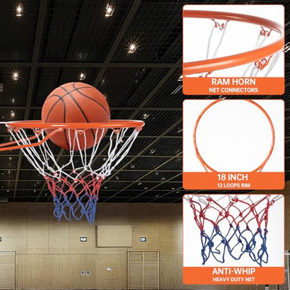 Basketball Hoop & 18" Steel Rim, Wall Mounted, Fixed/Breakaway, Silent Quiet Practice, Foldable No-Drill, Indoor Outdoor for Home Garage