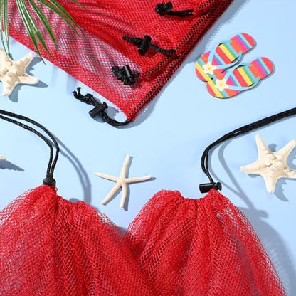 6 Pcs large Mesh Bag 24 x 48 inch Ball Mesh Drawstring Storage Sports Equipment Bag for Balls Beach - color: Red